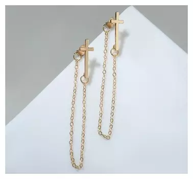 Серьги металл "Цепочки" крест, цвет золото