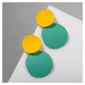 Серьги металл "Леди" круги, дуо, цвет жёлто-мятный