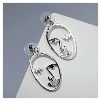 Серьги металл "Лица" хаос, цвет серебро