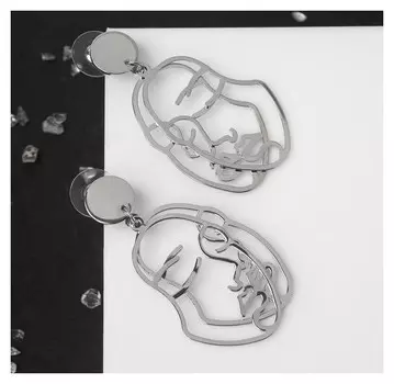 Серьги металл "Лица" раздвоение, цвет серебряный