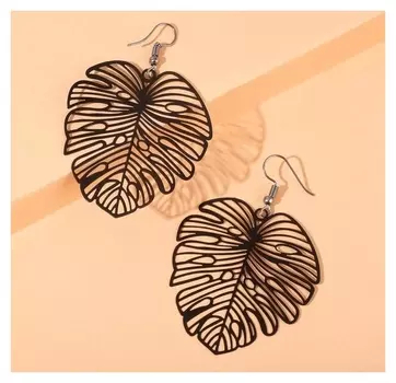 Серьги металл "Монстера" листочек, цвет чёрный