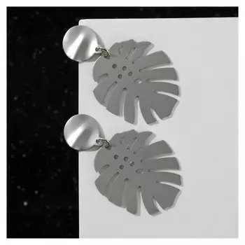 Серьги металл "Тренд" папоротник, цвет серебро