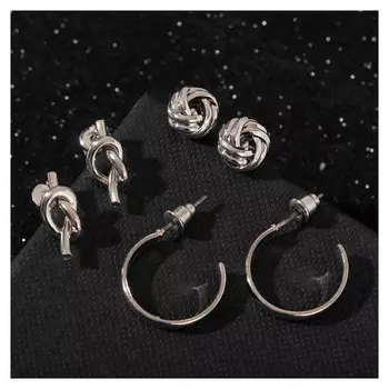 Серьги набор 3 пары "Нежность" узелок, цвет серебро, D=2