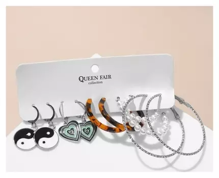 Серьги набор 5 пар "Леди" инь-ян, цветные в серебре