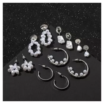 Серьги набор 6 пар "Жемчужные" с кольцами, цвет белый в серебре