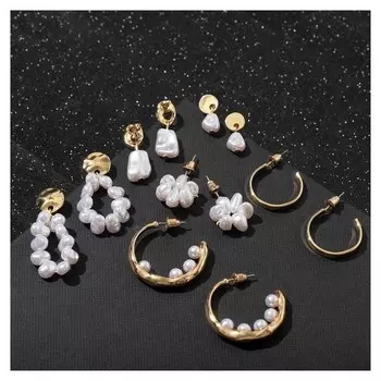 Серьги набор 6 пар "Жемчужные" с кольцами, цвет белый в золоте