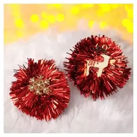 Серьги "Новогодние" мишура, олень и снежинка, цвет красный в золоте