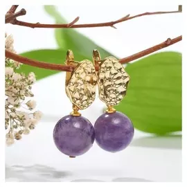 Серьги родированные шар №15 "Аметист" мятый металл, цвет фиолетовый в золоте