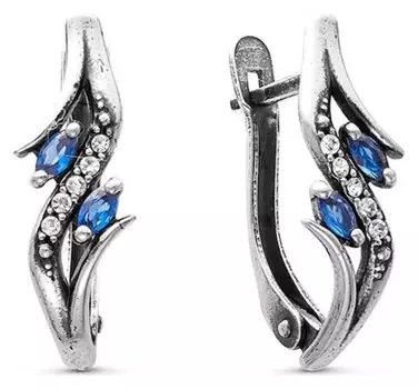 Серьги "Роскошь изгиба" цвет синий, посеребрение с оксидированием