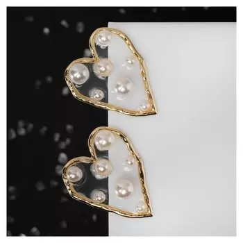 Серьги с жемчугом "Грейс" сердечки, цвет белый в золоте