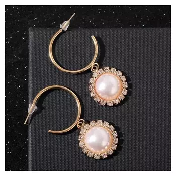 Серьги с жемчугом "Карелия" круг в стразах, цвет белый в золоте, D=2,5