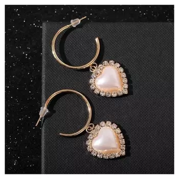 Серьги с жемчугом "Карелия" сердце в стразах, цвет белый в золоте, D=2,5