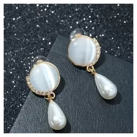 Серьги с жемчугом "Кошачий глаз" капель, цвет белый в золоте