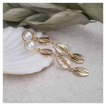 Серьги с жемчугом "Ракушки", цвет белый в золоте