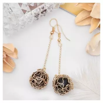 Серьги с жемчугом "Шар плетёный", цвет чёрный в золоте