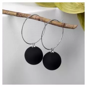 Серьги "Снежок" в кольце, цвет чёрный в серебре