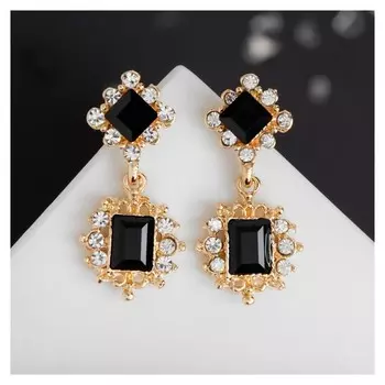 Серьги со стразами "Ажур" дуэт, цвет чёрный в золоте