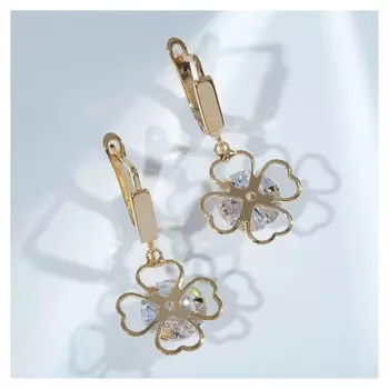 Серьги со стразами "Циркония" клевер, цвет белый в золоте