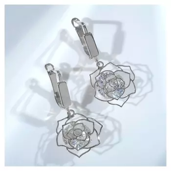 Серьги со стразами "Циркония" роза, цвет белый в серебре