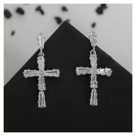 Серьги со стразами "Крестики искры" цвет белый в серебре