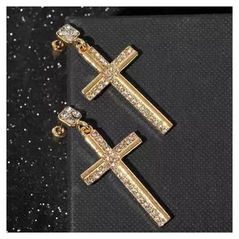 Серьги со стразами "Крестики" полосы, цвет белый в золоте