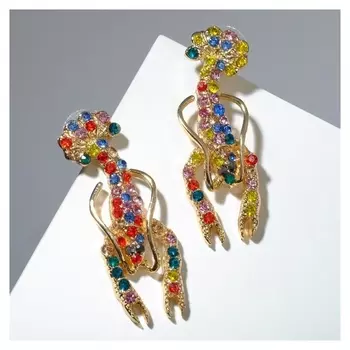 Серьги со стразами "Омар", цветные в золоте