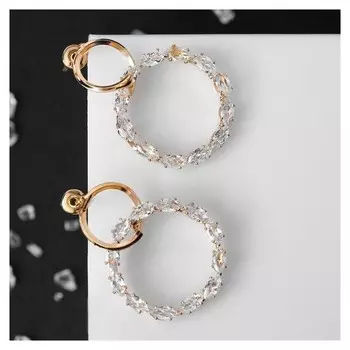 Серьги со стразами "Вспышка" два круга, цвет белый в золоте