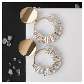 Серьги со стразами "Вспышка" круг, цвет белый в золоте