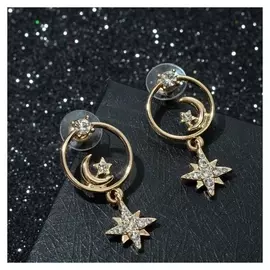 Серьги со стразами "Звезда и полумесяц" в кольце, цвет белый в золоте