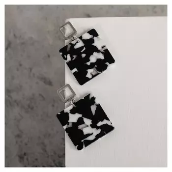 Серьги "Танзания" квадраты, цвет чёрно-белый в серебре