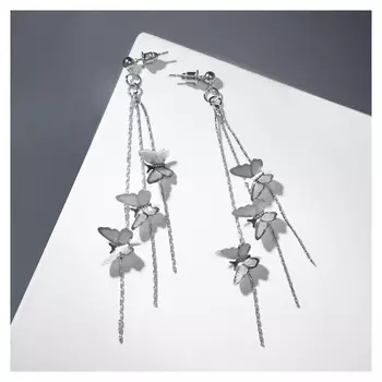 Серьги висячие "Бабочки и цепочки", цвет серебро