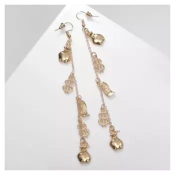 Серьги висячие "Деньги" доллары, цвет золото