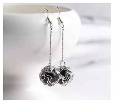 Серьги висячие "Шар плетёный", цвет чёрный в серебре