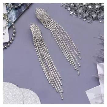 Серьги висячие со стразами "Голливуд" водопад нитей, цвет белый в серебре