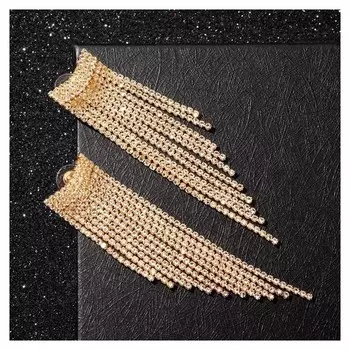 Серьги висячие со стразами "Водопад" ладья, цвет белый в золоте