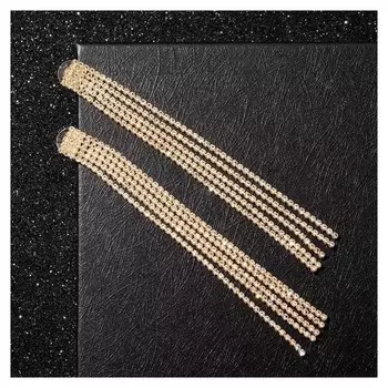 Серьги висячие со стразами "Водопад" прямые нити, цвет белый в золоте