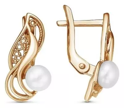 Серьги "Жемчуг", завиток ажурный, розовое золочение