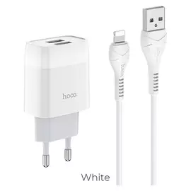 Сетевое зарядное устройство Hoco C73a, 2 USB - 2.4 А, кабель Lightning 1 м, белый