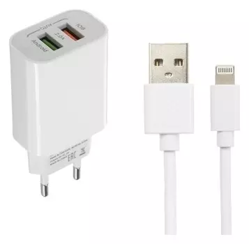 Сетевое зарядное устройство Luazon, 2 Usb, 2 A, кабель Lightning, белое