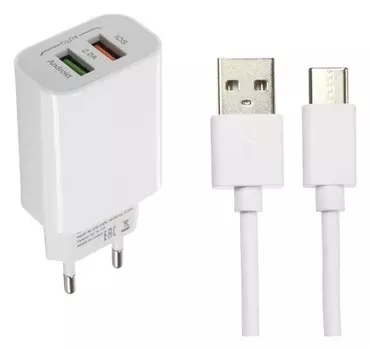 Сетевое зарядное устройство Luazon, 2 Usb, 2 A, кабель Type-c, белое