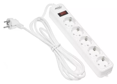 Сетевой фильтр белый Luazon Lighting, 5 розеток, 3 м, 2200 Вт, 3 х 0.75 мм2, 10 А, 220 В