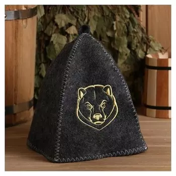 Шапка банная серая с вышивкой "Медведь"