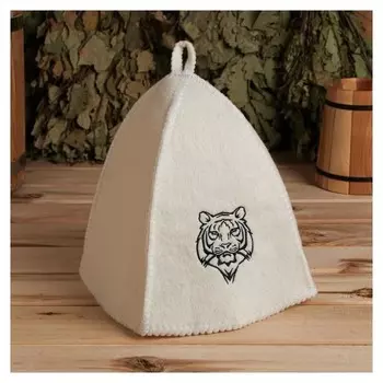 Шапка для бани белая с черной вышивкой "Тигр"