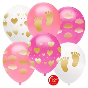Шар латексный 12 «Новорождённый», сердца и облака, для девочки, кристалл, 5-сторонний, набор 25 шт.