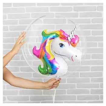 Шар полимерный 18" «Единорог радужный» с палочкой, шар в шаре