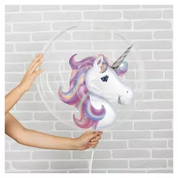 Шар полимерный 18" «Единорог», шар в шаре, с палочкой, цвет фиолетовый