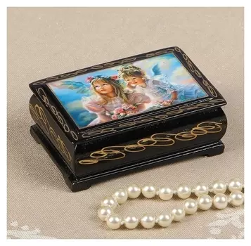 Шкатулка «Ангелочки с цветами», 6×9 см, лаковая миниатюра