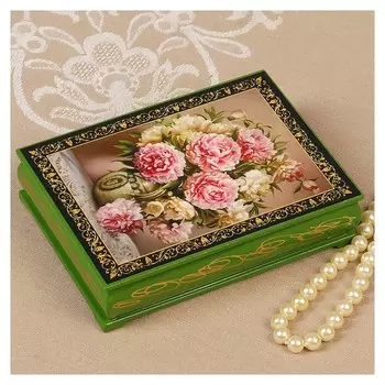 Шкатулка «Бело-розовые цветы», зелёная, 10×14 см, лаковая миниатюра