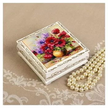 Шкатулка «Букет цветов в вазе», белая, 10×10 см, лаковая миниатюра