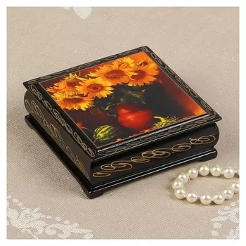 Шкатулка «Букет подсолнухов в вазе», 10×10 см, лаковая миниатюра